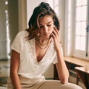 SEZANE White 100% Linen Top Shirt Size M Lace Casual Relaxed Beach Vacation